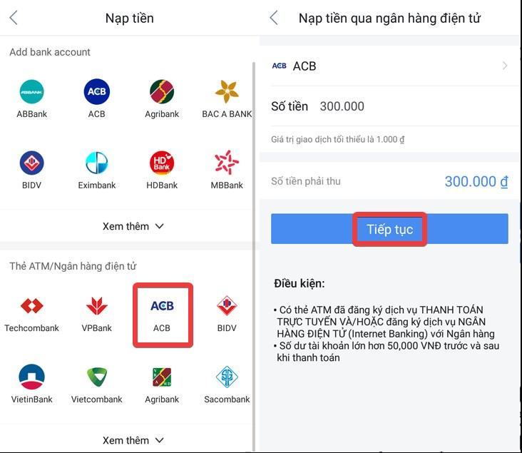 Chọn ngân hàng, nhập số tiền cần gửi, xem lại thông tin và chọn Tiếp theo.