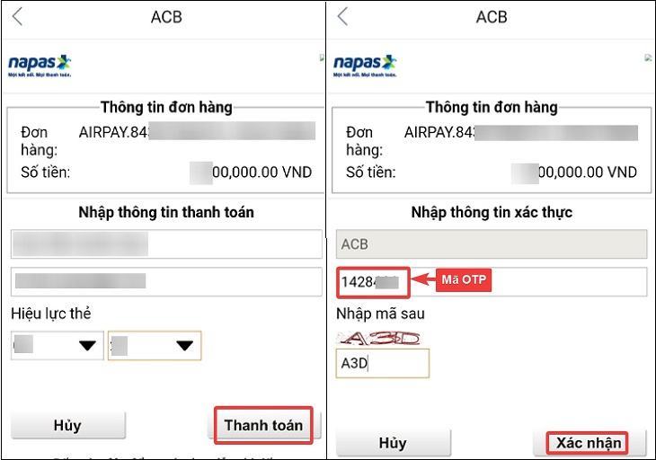 Nhập thông tin thẻ và xác nhận OTP