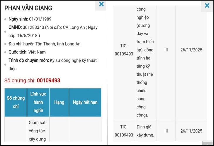 Tất cả thông tin về chứng chỉ hành nghề xây dựng của người đó được hiển thị