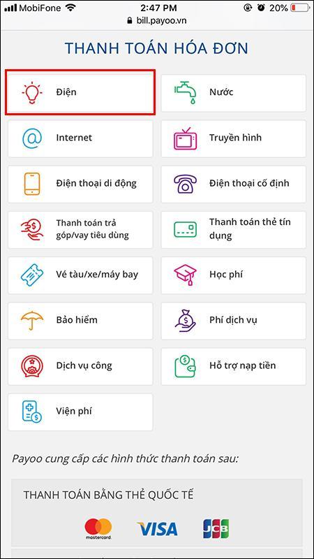 Chọn để thanh toán hóa đơn điện nước