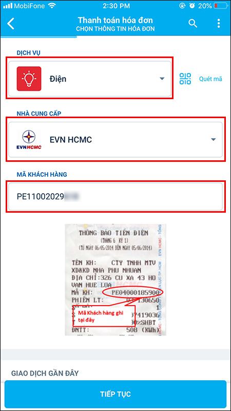 Chọn Dịch vụ, Nhà cung cấp và nhập mã khách hàng