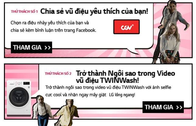 Những phần quà giá trị như vé xem phim CGV, máy giặt LG lồng ngang và LG Twin Wash đang chờ bạn tham gia 3 thử thách.