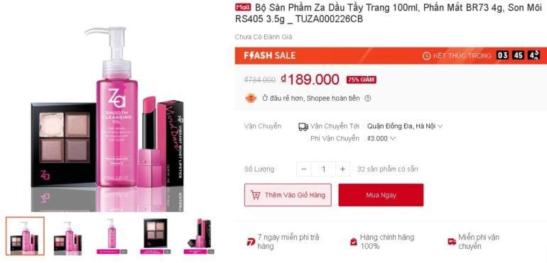 Bộ Sản Phẩm Dầu Tẩy Trang Za 100ml, Phấn Mắt BR73 4g, Son Môi RS405 3.5g - Sale 75%, giá chỉ 189k, nhập mã CPCFS15 giảm thêm 30k