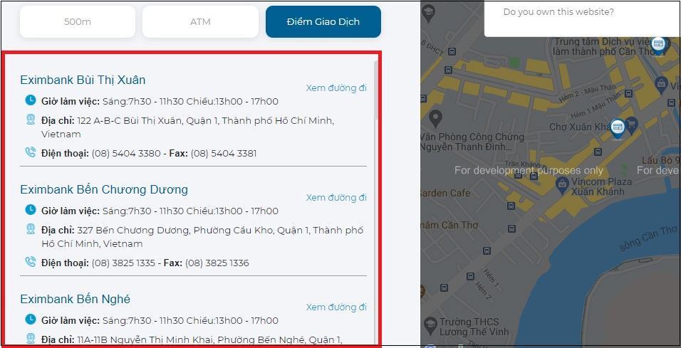 Bước 2: Hệ thống sẽ hiển thị các địa điểm Eximbank theo yêu cầu