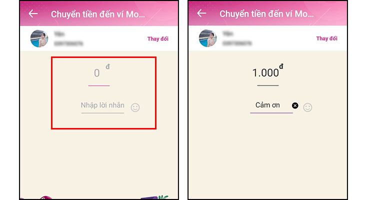 Nhập số tiền và tin nhắn