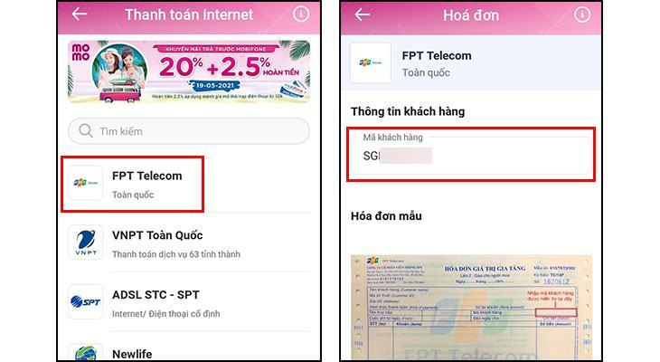 Chọn nhà cung cấp viễn thông FPT và nhập mã khách hàng / mã thanh toán