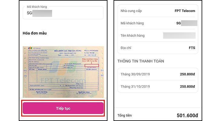 Nhấp vào Tiếp theo để xem thông tin thanh toán với số tiền sẽ được thanh toán