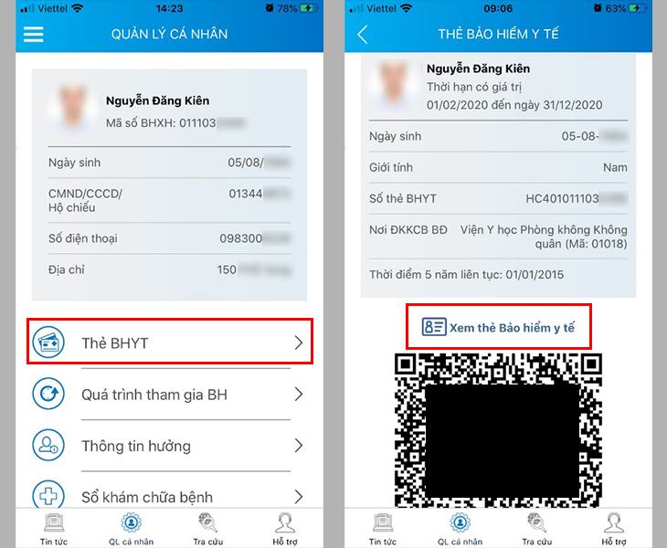 Chọn Xem thẻ bảo hiểm y tế