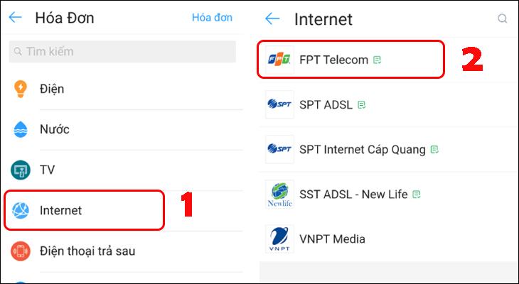 Chọn nhà cung cấp Internet và viễn thông FPT và nhập mã khách hàng