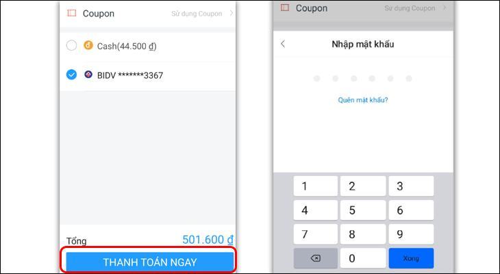 Chọn Thanh toán ngay và nhập mật khẩu