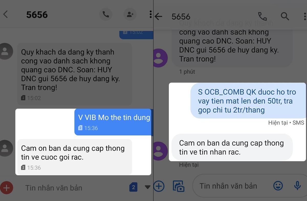 Phản ánh cuộc gọi, tin nhắn rác