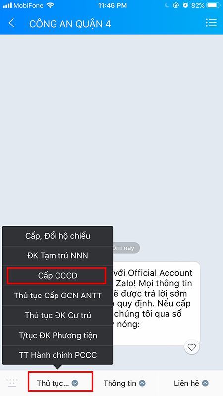 Chọn cấp CCCD trong phần Thủ tục hành chính