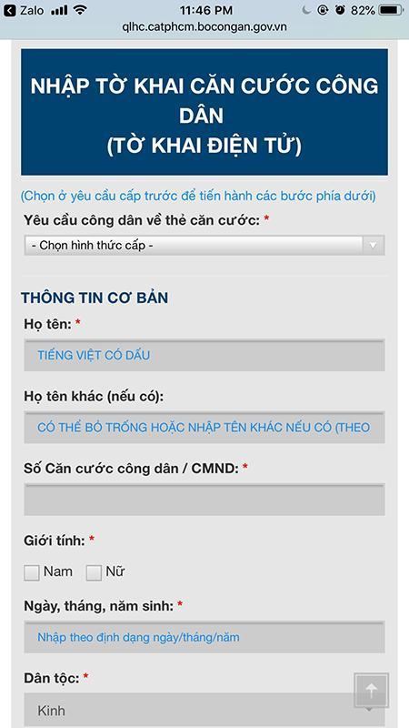 Điền đầy đủ các thông tin vào mẫu đăng ký CCCD điện tử