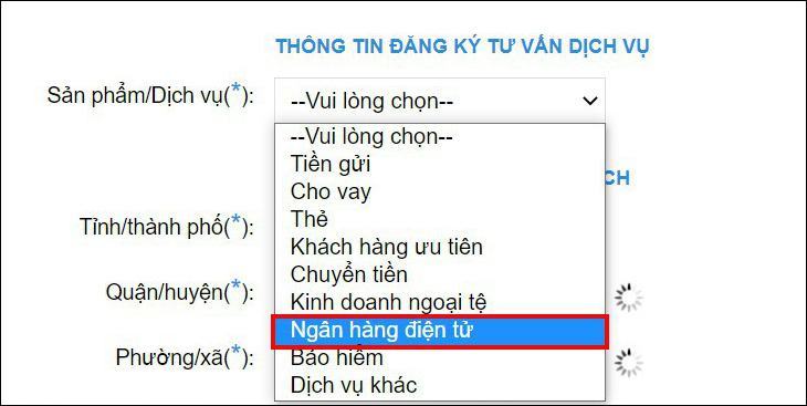 Chọn ngân hàng điện tử và hoàn tất đăng ký