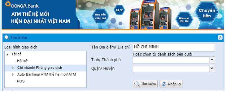     Bước 1: Bạn chọn địa điểm giao dịch / cây ATM mà mình cần.  Sau đó chọn Tìm kiếm.