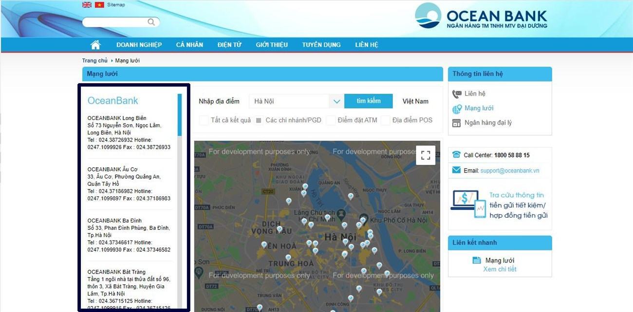 Hệ thống chi nhánh, phòng giao dịch, ATM của OceanBank