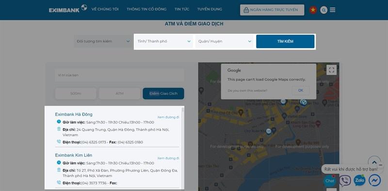 Bước 2: Hệ thống hiển thị các địa điểm Eximbank dưới dạng truy vấn tìm kiếm và có số điện thoại của chi nhánh này