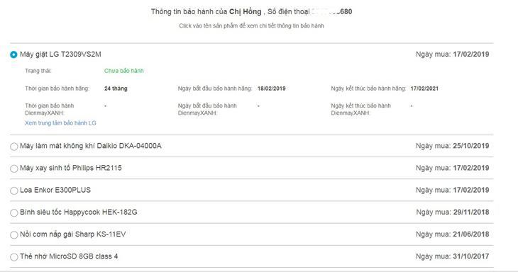 Xem danh sách các sản phẩm đã mua và thời gian bảo hành cụ thể của từng sản phẩm