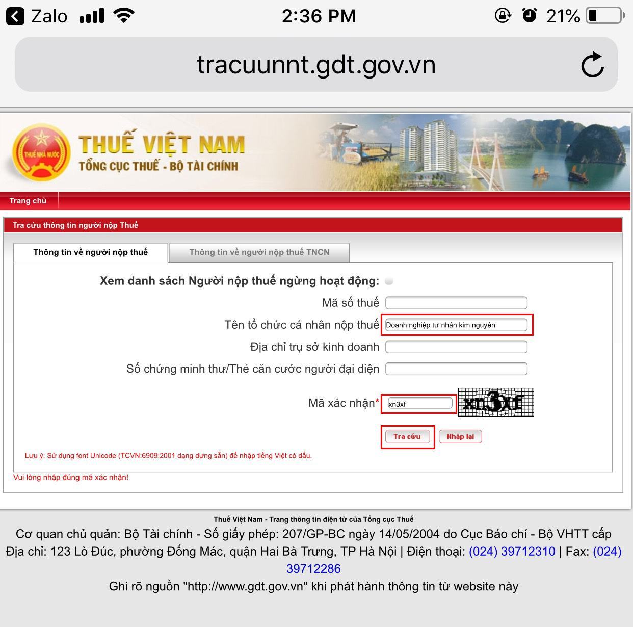 Giao diện trang Tra cứu mã số thuế của Tổng cục Thuế