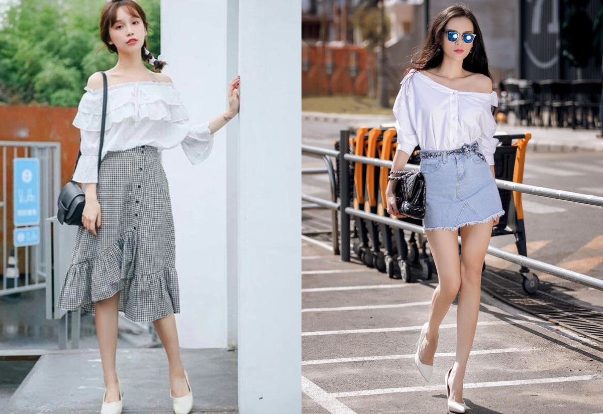 Áo trễ vai với váy denim, váy trơn hoặc kẻ sọc