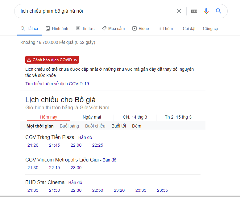 Xem các buổi chiếu phim trên Google
